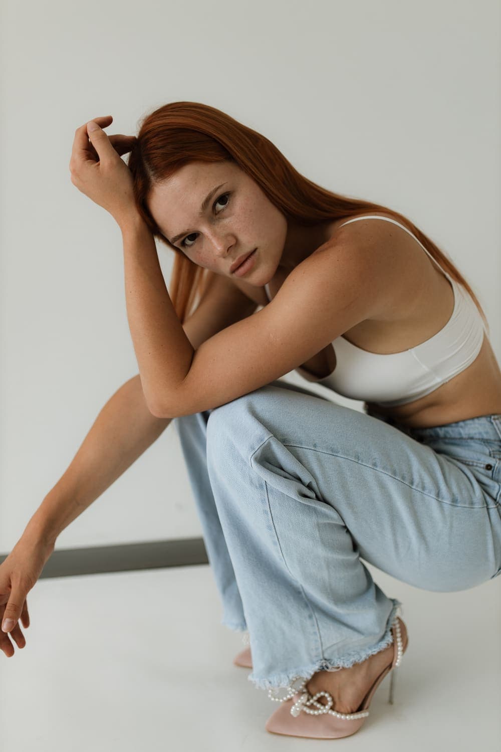 Denim — pearl heels